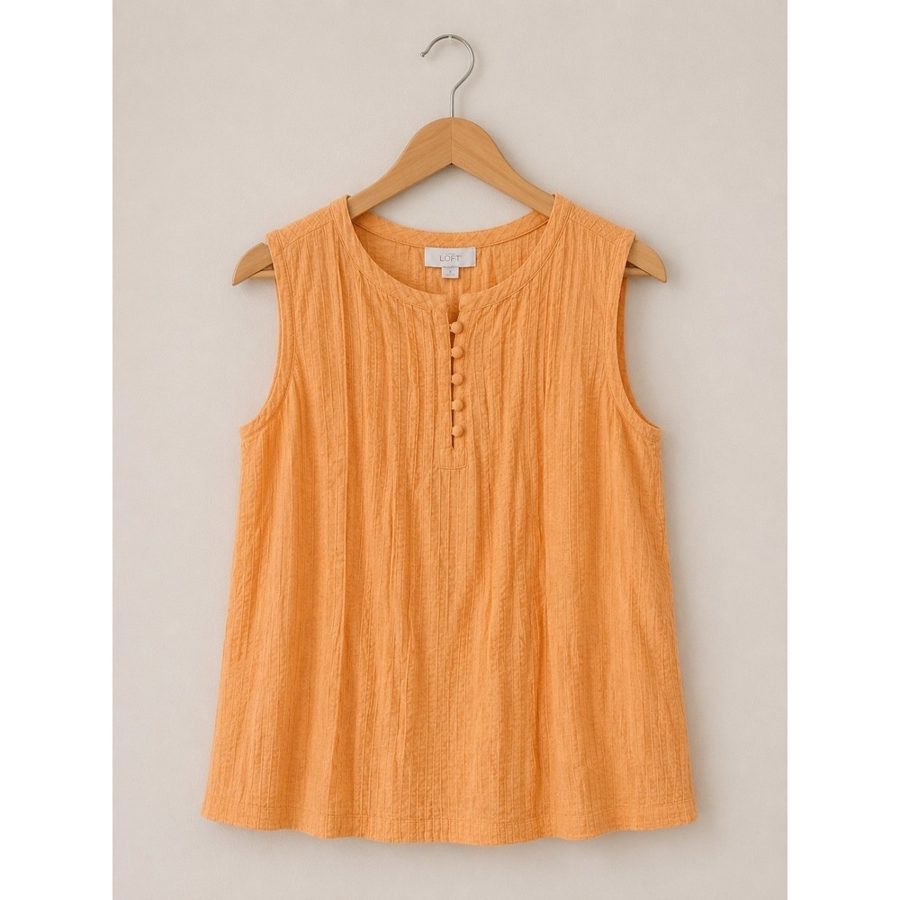 LOFT Women's Small 100% Cotton Ribbed Henley Tank Peach Apricot Coastal Summer